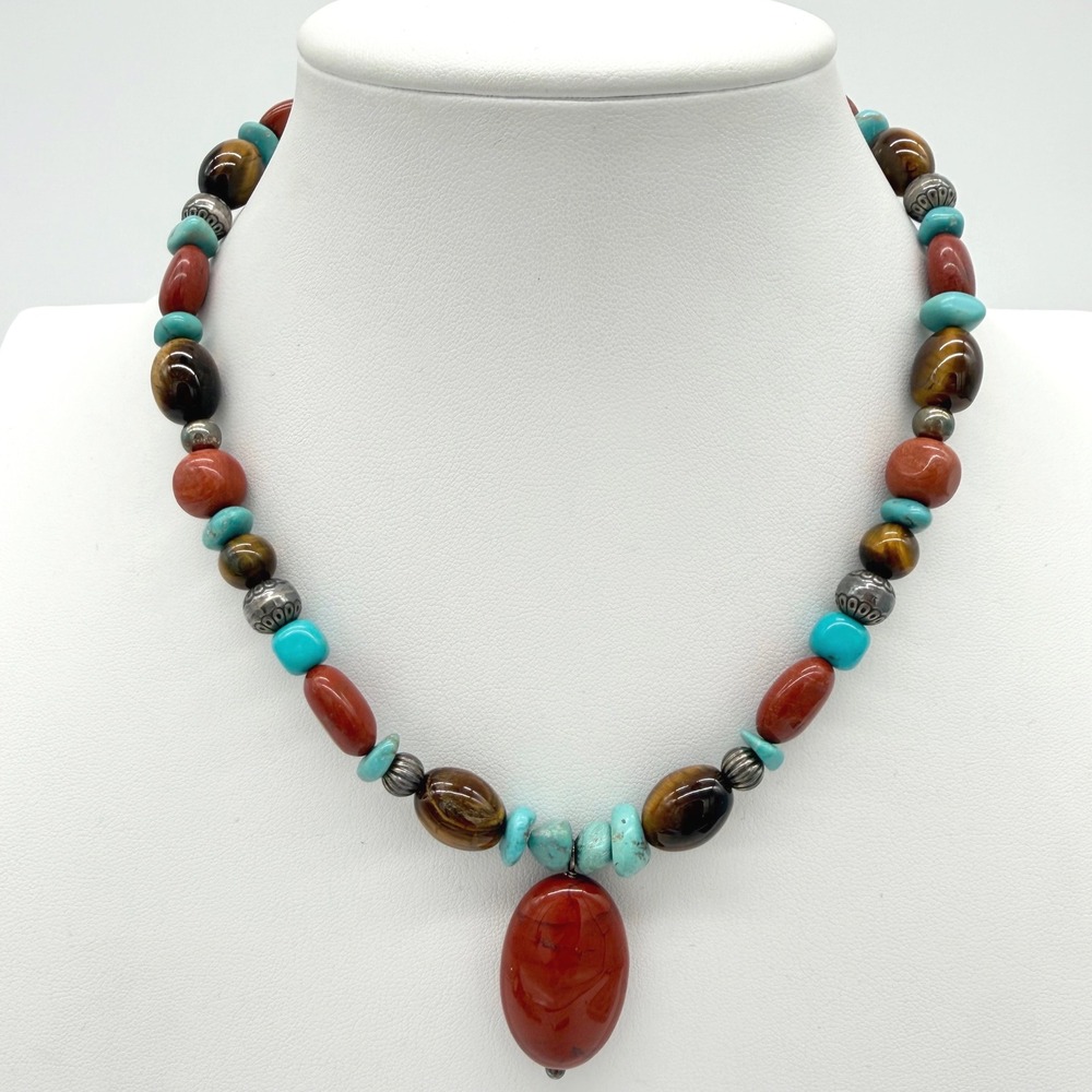 Carolyn Pollack Relios Necklace Sterling Silver, Carn. Agate, Turq. & Tigers Eye
